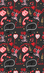Valentines Day doodle seamless pattern with a bouquet of flowers, a lipstick, a phone, lollipop. Vector illustration