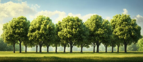 Obraz premium Lush green trees in a row on a sunny day with a clear blue sky, highlighting their significance and rarity in the natural landscape.