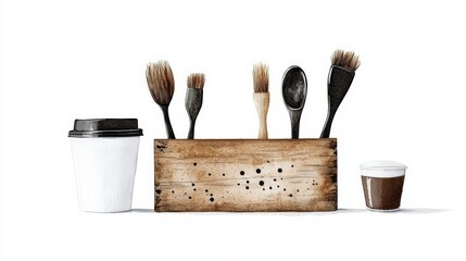 A creative arrangement of paintbrushes in a wooden holder with coffee cups, perfect for artistic and design themes.