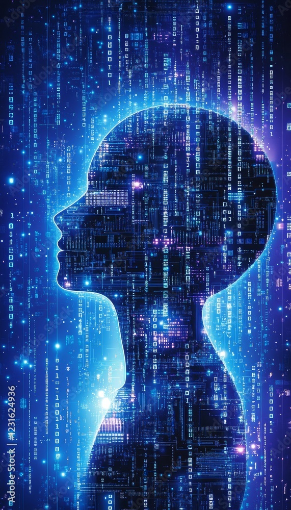 Poster abstract human head profile formed by circuit boards and binary code on blue background