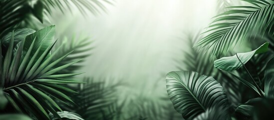 Serene light green abstract background showcasing blurred lush tropical foliage with soft diffused light creating a tranquil atmosphere throughout.