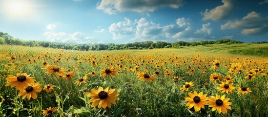 Fototapeta premium Vibrant field of black-eyed Susan flowers with yellow petals and dark centers, spread across a lush green meadow under a bright blue sky.