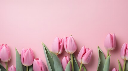 Fototapeta premium Beautiful Pink Tulips on a Soft Pink Background: A Serene and Elegant Floral Arrangement for Springtime Inspiration and Decoration.