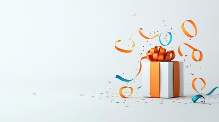 A festive gift box surrounded by colorful confetti and ribbons, perfect for celebrations and special occasions.