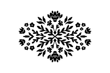 Floral Linocut Frame Monogram Print. Decorative Floral Symmetrical Ornament. Ethnic Flourish Stencil in Geometric Shape. Rhombus Leaves Branch Vector Illustration isolated on White Background. © Яна Фаркова