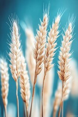 Fototapeta premium Golden Wheat Stalks Sway Gently Against a Vibrant Blue Summer Sky, Close-up, Selective Focus