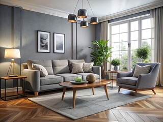 Fototapeta premium Modern Living Room with Stylish Gray Sofa and Armchair