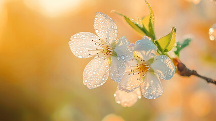 Delicate spring blossom covered with morning dew, glowing warmly under soft golden sunlight.