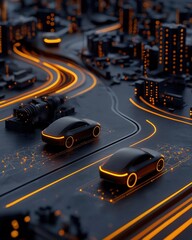 A futuristic cityscape with glowing cars on illuminated roads, showcasing advanced technology and urban innovation.