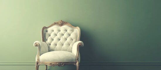 Elegant vintage art deco armchair in soft cream tones against a serene olive green wall creating a sophisticated atmosphere with ample copy space