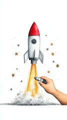 A hand controls a colorful rocket with flames, illustrating creativity and adventure in space exploration.