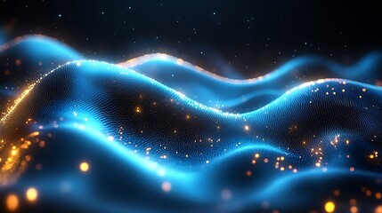 Futuristic digital background with glowing blue grid and data streams in virtual cyberpunk space