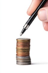 A hand holding a pen poised above a stack of coins, symbolizing financial planning and investment strategies.