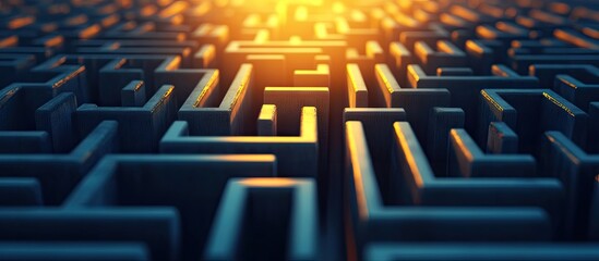Obraz premium Intricate 3D maze structures in dark blue hues, illuminated by warm golden light from the background, creating a sense of depth and complexity.