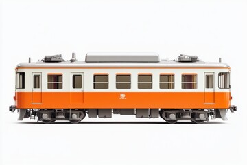 Fototapeta premium Orange train model, side view, white background, studio shot, hobby