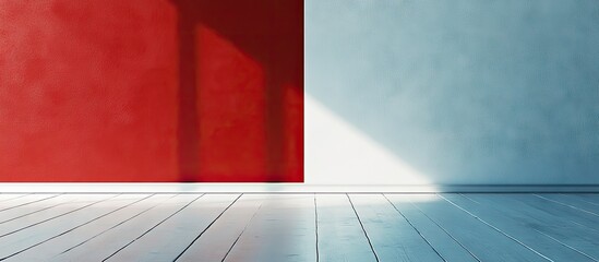 Modern interior with a red accent wall and light blue wall, natural light casting shadows on wooden floor, minimalist design aesthetic.