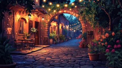 Fototapeta premium Romantic cobblestone alley, evening lights, floral decor, Italian village, tourism