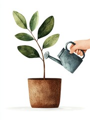 A hand watering a green plant in a brown pot, symbolizing care and growth in a vibrant illustration.