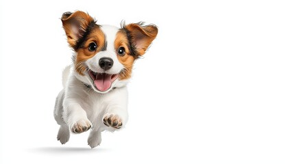 A happy puppy jumping playfully with a joyful expression, embodying the spirit of fun and adventure in a bright, white background.