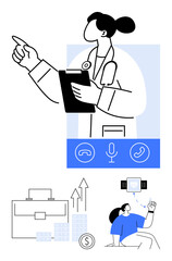 Doctor holding clipboard with communication icons, business briefcase and growth chart, person checking smart fitness tracker. Ideal for healthcare, communication, business growth, finance