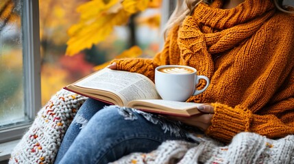 Woman in cozy sweater reads book with coffee by window.