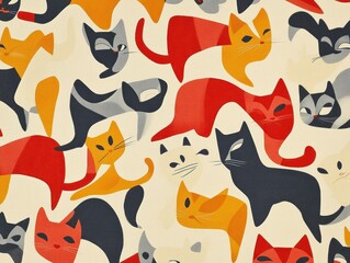 Naklejka premium Colorful stylized cats pattern, textile design, playful background, fabric print