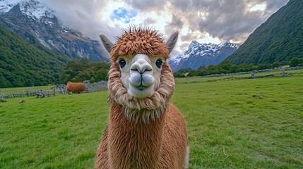 Obraz premium Alpaca in a Mountainous Pastureland Setting