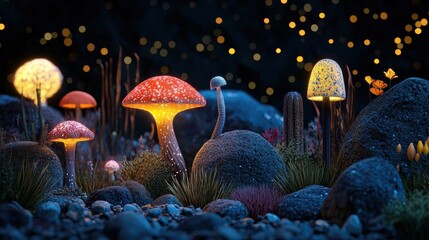 A magical night scene featuring glowing mushrooms amidst stones and lush greenery, illuminated by soft, enchanting lights.