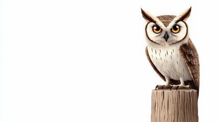 A majestic owl perched on a wooden stump, showcasing its striking features and captivating gaze against a clean background.