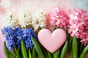 Obraz premium Delicate hyacinths and pink hearts with a soft pastel background, perfect for romantic and spring-themed designs