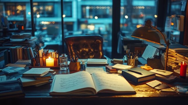 A writer's desk covered with journals, ink bottles, and a lit candle, the ambiance peaceful and focused