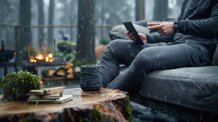 A person relaxes on an outdoor patio in the rain with a tablet. A mug and books rest on a wooden table near a fire pit.