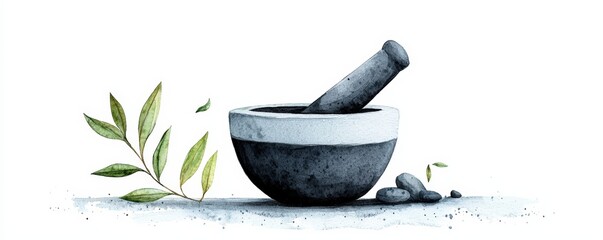 A minimalist mortar and pestle surrounded by leaves and stones, symbolizing natural healing and culinary arts.