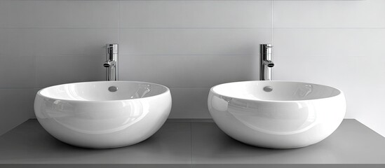Fototapeta premium Stylish modern white bathroom interior with two round sinks positioned symmetrically on a sleek gray countertop against a minimalist backdrop.