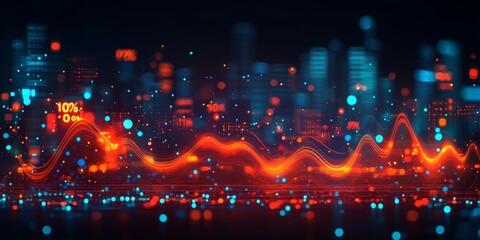 Obraz premium Financial Data Screen with Stock Market Chart, Rising Trend Lines, City Lights Background