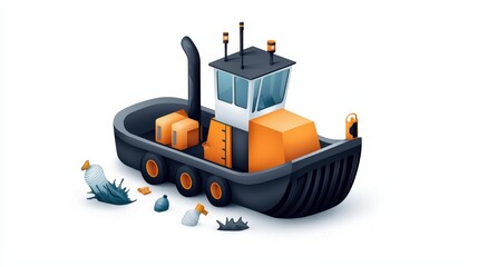 A modern tugboat with orange and black colors, surrounded by small debris in a stylized, vibrant design.