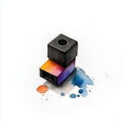 A modern USB cube with artistic watercolor splashes, perfect for tech and design themes.