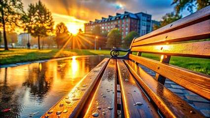 Urban Oasis: Wooden Bench in Park with Reflective Surface
