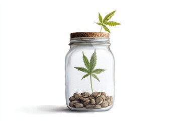 A glass jar filled with coffee beans and a small cannabis plant sprouting from the top, symbolizing growth and nature.