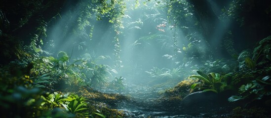 Obraz premium Enchanting dark forest scene with fog and soft light filtering through lush greenery creating a mysterious and captivating atmosphere