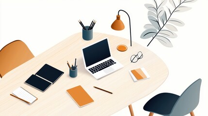 A modern workspace featuring a laptop, stationery, and a stylish lamp on a minimalist table, perfect for productivity.