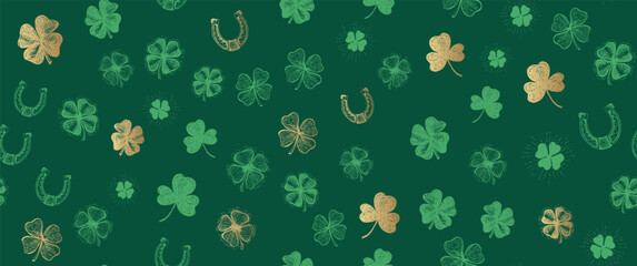Patricks Day, clover pattern on green. Hand drawn illustrations