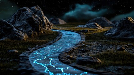 A mystical river flows through rocky terrain under a starry night sky, illuminated by vibrant blue light.
