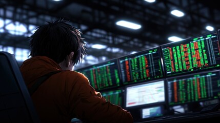 Naklejka premium Focused Trader Analyzing Financial Data on Multiple Monitors in Modern Workspace