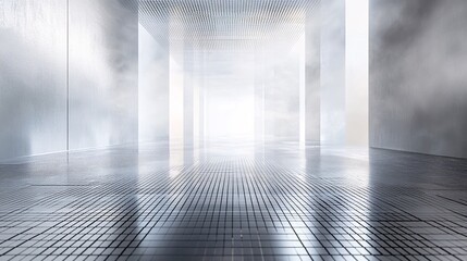 Expansive Steel Grid Design with Mist and Light in Modern Space