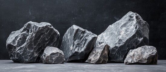 Monochrome composition of large and small rugged natural rocks in various shapes with striking etch black surfaces on a dark textured backdrop