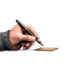 A hand holding a pen, poised to write on a blank card, symbolizing creativity and communication.