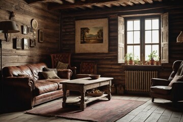 Luxury living room in an old house with wooden furniture, sofa, and table, featuring elegant interior design and a large window, showcasing a cozy yet sophisticated atmosphere