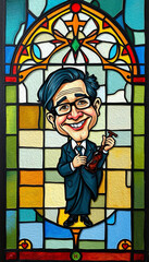 Caricature. Fictional character. Colorful stained glass window. Multicolored interior design template. Oil painting