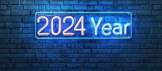 Obraz premium Neon 2024 Year light glowing in blue against textured brick wall background creating a vibrant and energetic atmosphere in shades of blue.
